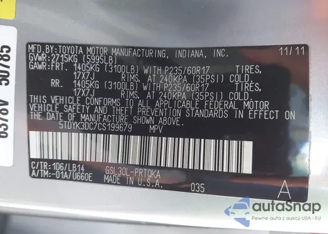 2012 Toyota Sienna Xle V6 8 Passenger z USA, uszkodzony, nr VIN 5TDYK3DC7CS199679